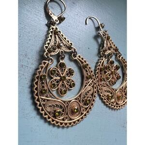 Vintage filigree chandelier earrings green rhinestones statement dangles boho